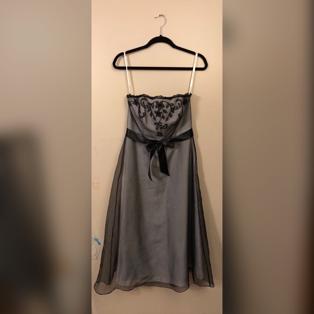 Gray/black strapless bridesmaid dress